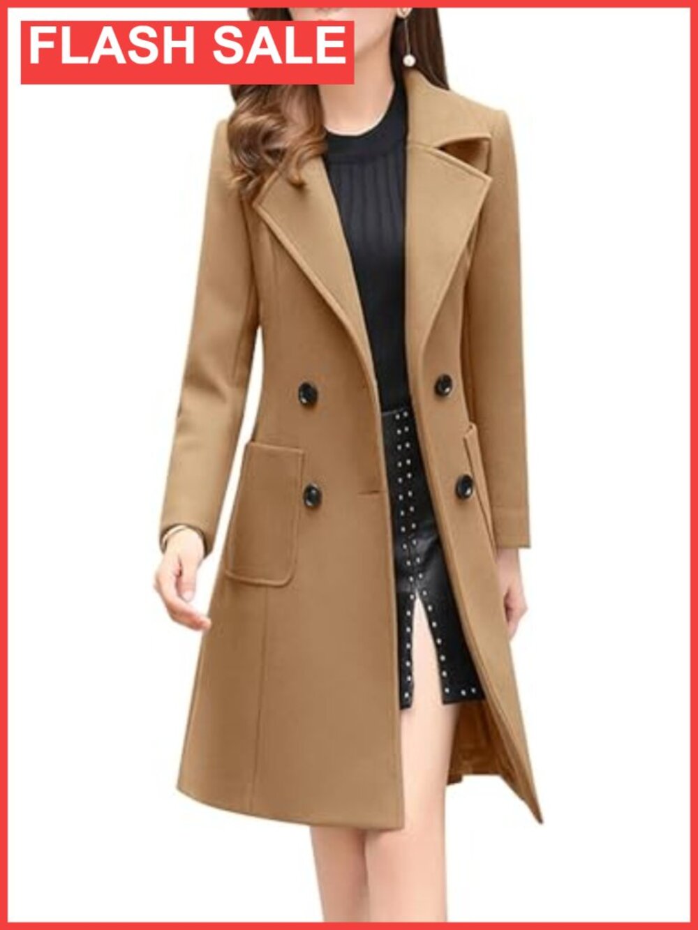 Wool Blend Pea Coat Double Breasted Notched Lapel Winter Overcoat